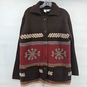 Vtg Wool Cardigan Sweater Medium Brown Nordic Snowflake Eclectic Grandmacore